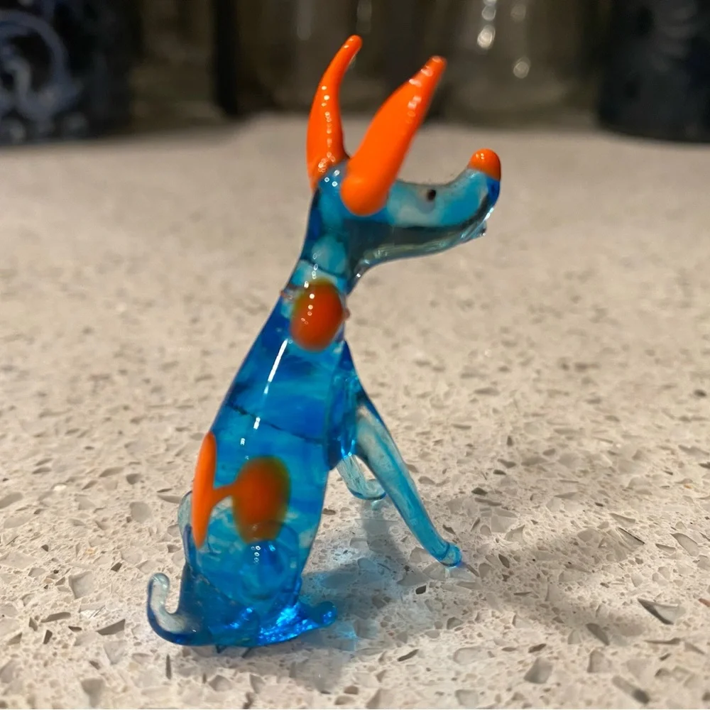 Blue & Orange Glass Dog Toy Figurine - Decorative Pet-Themed Accent